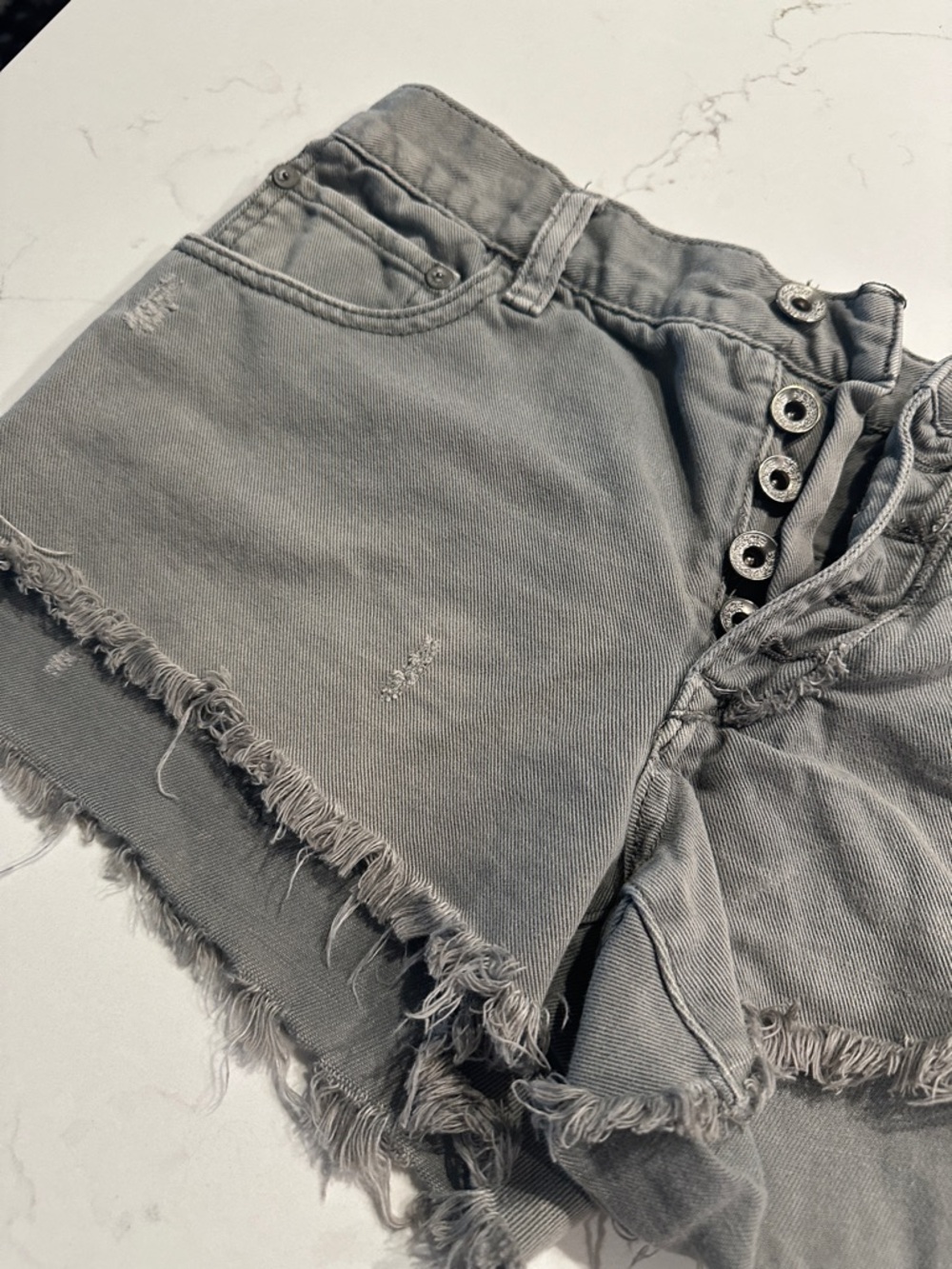 Free People Gray Distressed Denim Shorts with Exposed Button Fly